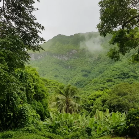 Île de Huahine avec cascade en arrière-plan